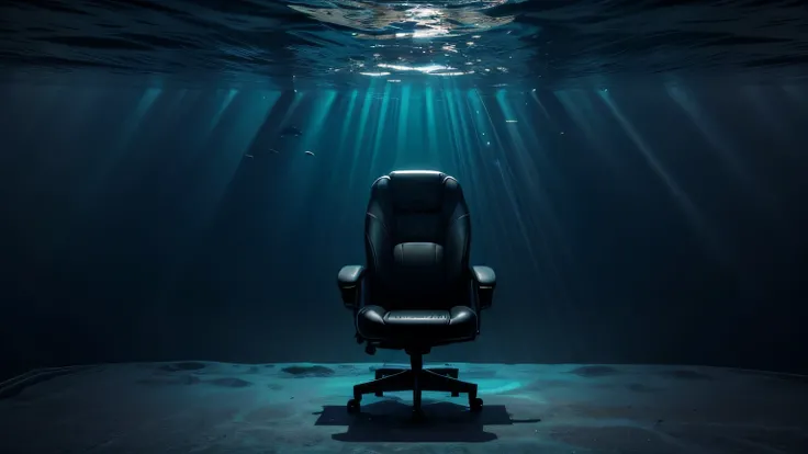 A chair at the bottom of the ocean. Dramatic lightining. Work of ark. 4k. Masterpiece. 8k.