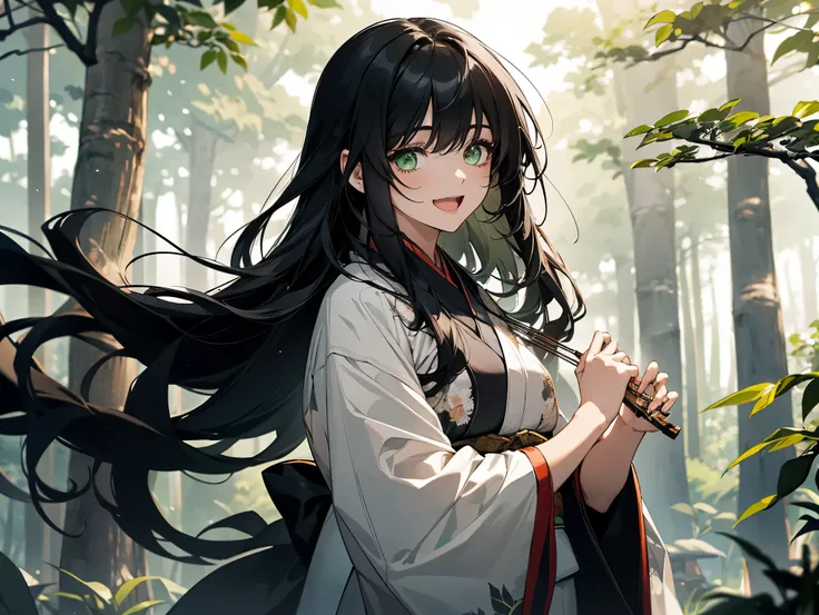 1female, a teenager, wearing white and black kimono, black hair, long hair, green eyes, face to detail, detailed eyes, the background is a calming forest in china, holding strings from spiders, laughing and having a good time