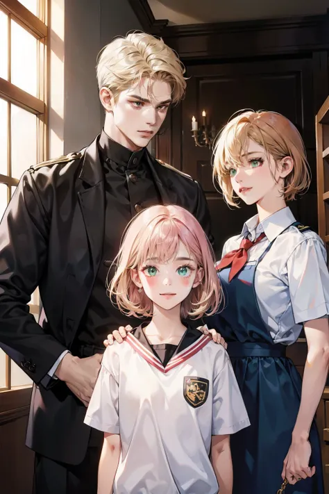 Friends, 3 boys and one girl love, different hair color, short dark pink hair and brown eyes, short blonde hair and green eyes, short brown hair and brown eyes , in the school, side by side, cool, blonde hair boy is the tallest, light uniform, smile, white...