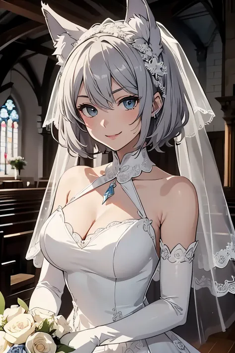 table top　 best image quality　wonderful　high detail　One Young Woman（（adult））anime style　Wedding dress（No sleeve）　I can see my underwear　white long gloves（elbow gloves）　white pantyhose　wolf ears　short hair（（shortcut）（gray hair）（curly hair）（fluffy））　smile（Ha...