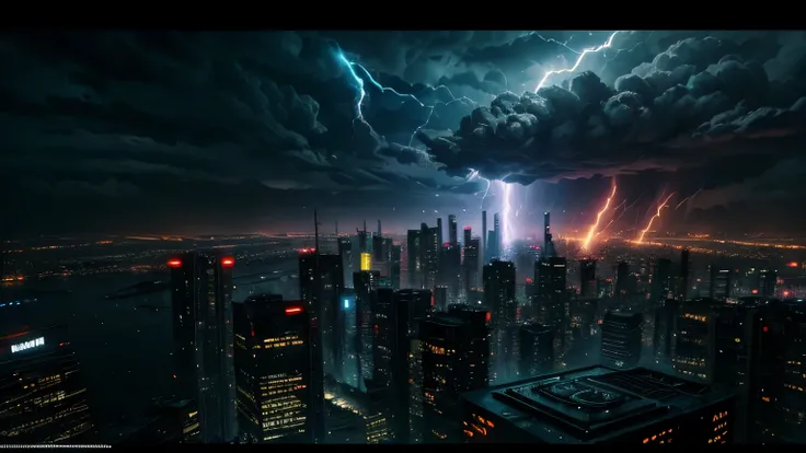 Thundering over a cyberpunk city. Dramatic lightining. Work of ark. 4k. Masterpiece. 8k.