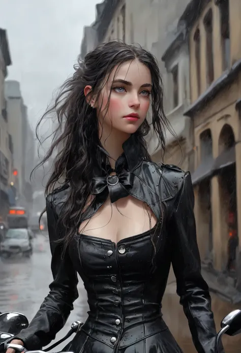 Realism, dark fantasy style, John Tolkien style, Small painting by Jean-Baptiste Monge, Soft facial features,Rocker Girl, Human Hand, Very clear, Without flaws, five fingers, with bright makeup, a little full, slight excess weight, Average height, dark pin...