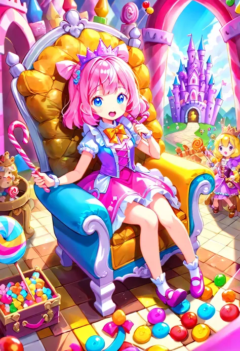 candyland, candy princess, exploring candy castle with a giant candy cane, adventurous expression; candy castle treasure hunt, t...