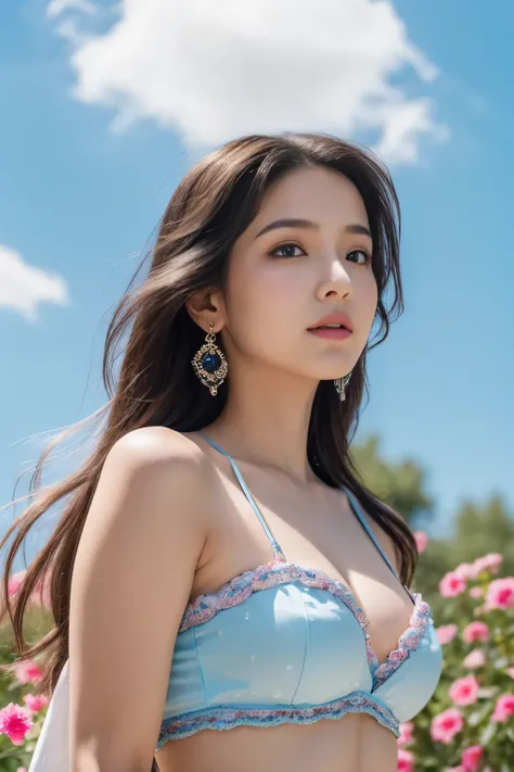 colorful, sky, flowers, magical, fantasy, tale, top-quality,Beautiful detailed hijabi,Bewitching face,tzuyu iu yooa ,long lashes,Wearing a colorful bellydancer,Detailed details,Colossal ,With cleavage, underboob, sideboob,stares at the camera, hogwarts