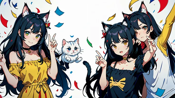 (highest quality, masterpiece, High resolution)、(anime art)、cinematic light、soft light、three girls、black hair、Black cat costume、White Cat Costume、Tabby cat costume、Striped cat costume、Persian Cat Costume、3-color cat costume、(loose t-shirt)、loose shirt、off ...