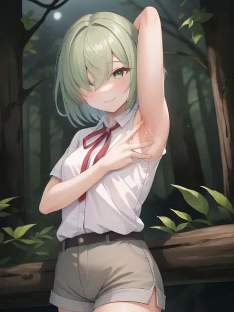 (masterpiece, best quality:1.2),illustration,8k,hd,1girl, solo, night sky, forest, arms behind head, contrapposto, spread armpit...