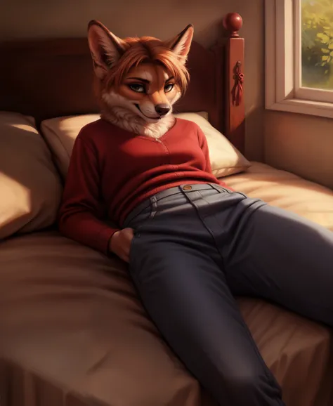 paws,solo focus, gape, ,(lying_on_bed,),naughty face,red, furry girl,high quality,masterpiece,best quality, [[by syuro, by kenket, art by rossdraws, by personalami]], realism, soft light, (muted colors), clothes, pants