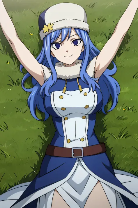 masterpiece, absurdres , (intricate details), (colorful), bust shot, extremely detailed CG unity 8k wallpaper, juviagmg, 1girl, looking at viewer, solo, on grass, on back, arms up, spread arms, cowboy shot, closed mouth, smile