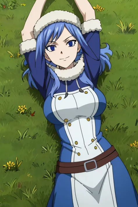 masterpiece, absurdres , (intricate details), (colorful), bust shot, extremely detailed CG unity 8k wallpaper, juviagmg, 1girl, looking at viewer, solo, on grass, on back, arms up, spread arms, cowboy shot, closed mouth, smile