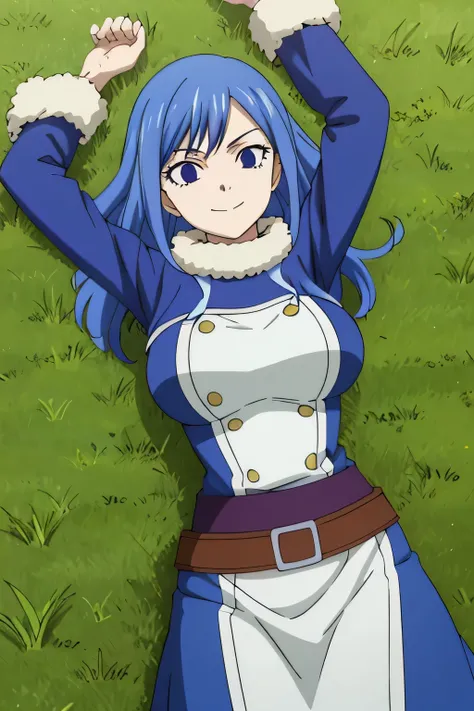 masterpiece, absurdres , (intricate details), (colorful), bust shot, extremely detailed CG unity 8k wallpaper, juviagmg, 1girl, looking at viewer, solo, on grass, on back, arms up, spread arms, cowboy shot, closed mouth, smile