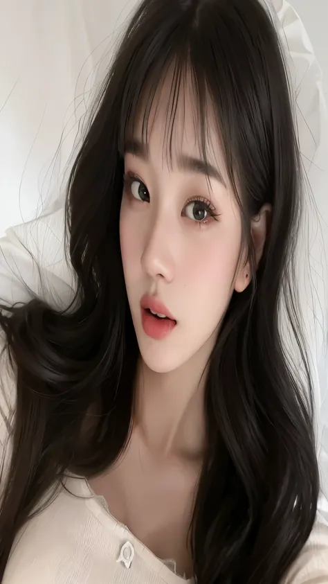 un primer plano de una mujer acostada en la cama con una almohada, muchacha coreana, ulzzang, joven y adorable rostro coreano, hermosa mujer surcoreana, hermosa joven coreana, hermosa joven coreana, retrato realista kawaii, chica linda-cara-fina, preciosa ...