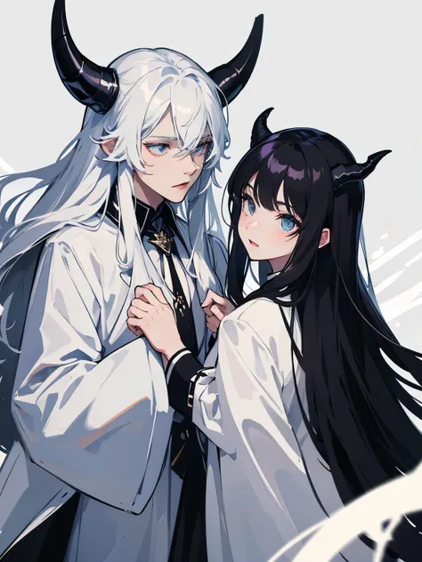 black horns white eyes long hair black clothes white long coat white tie man