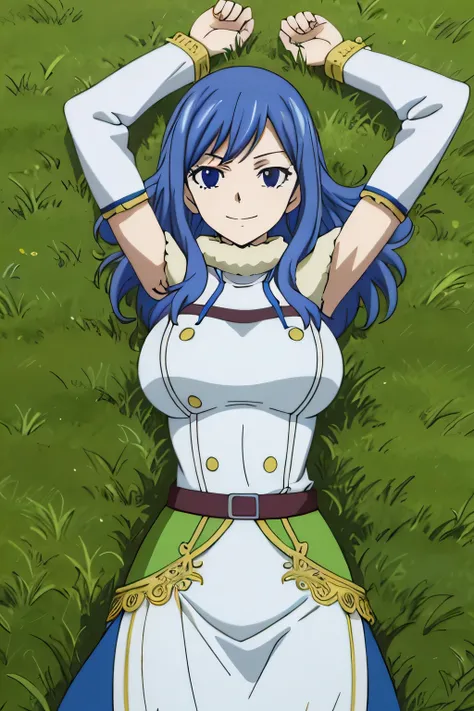 masterpiece, absurdres , (intricate details), (colorful), bust shot, extremely detailed CG unity 8k wallpaper, juviagmg, 1girl, looking at viewer, solo, on grass, on back, arms up, spread arms, cowboy shot, closed mouth, smile