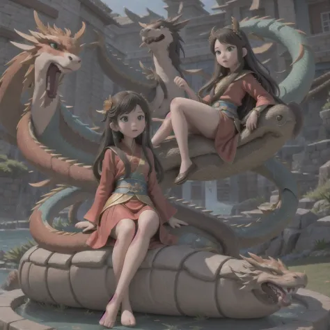 16K HD，Movie perspective lighting，masterpiece，Middle school student in bright orange chiffon dress sitting on a large 鹿角 statue, queen of the sea mu 奈斯 ling, cinematic, by Super Realism, the dragon girl portrait, Guan Xiaotong fantasy, wl op and ross winte...