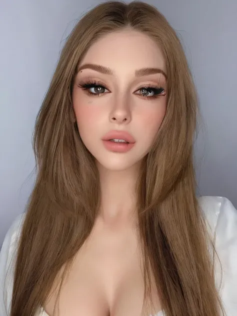 um close de uma mulher com cabelos longos e uma camisa branca, rosto sexy com maquiagem completa, maquiagem extravagante grossa, olhar sensual, maquiagem pesada, com maquiagem profissional, estilo de maquiagem pop, beautiful pale makeup, rosto extremamente...