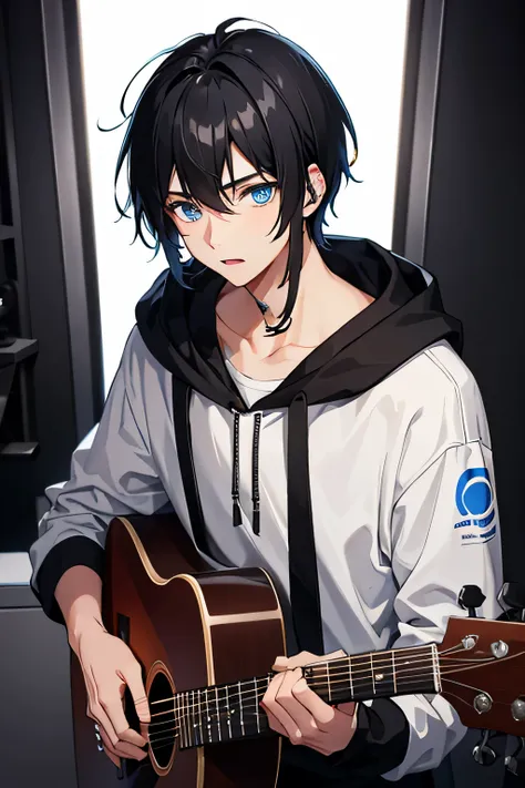 1boy,black white hoodie,blue eyes,black hair,mullet haircut,sing while playing the guitar
