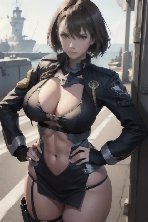 A woman,  brown shorthair, tall girl, muscular, hands on hip, military base, Baltimore from azure lane, black and white battle clothes