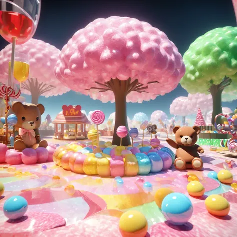 Candy Park，Lollipop，chocolate，QQ sugar，A wide variety of sweets，bear，3D rendering,Wrapped in huge bubbles(beauty)，Man made of candy，candy trees，Candy Meadow，Candy apple tree，Kaneko，Pink，green，glass texture、 Gradient translucent glass melt