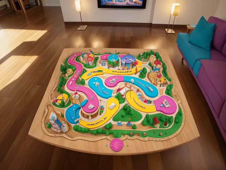 (masterpiece, best quality), best resolution, candyland gameboard on a living room table, view from above