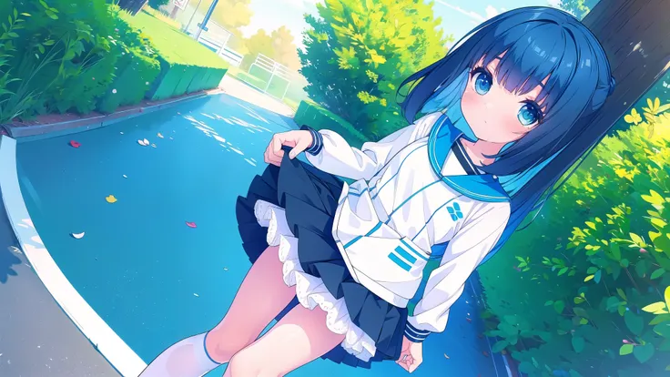 1 girl n blue hair eyes
 light black color with white tennis suit with blue in mini skirt white stockings in park