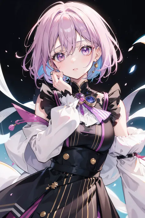 Anime character with short, striped hair, light purple hair color, rosy lips, and dark brown eyes wearing a black smock:

This enchanting anime figure boasts short, striped hair that gleams in the light, its hue gracefully cascading down to her shoulders. ...