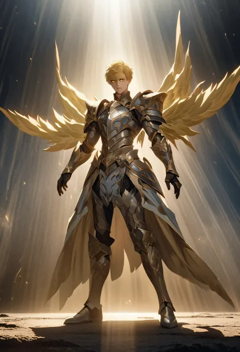 full body of a male character, blue and silver colored armor, with light blue celestial wings, (((blond hair))), yellow eyes, sh...