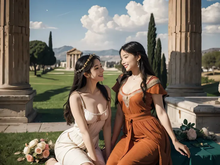 full body portrait or statue、Giorgione painting style,Arguments of two female Philosophe,math、astronomical machine、astronaut、roses in vase、fruits、Cute trinkets、smile、ancient greek costume、Ancient Roman landscape in the style of Nicolas Poussin,laughter,,Sw...