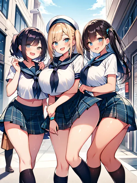 highest quality、High resolution、detailed background、beautiful and detailed face、beautiful and smooth skin、skin texture、professional lighting、Beautiful teenage girl、((three women))、(huge breasts:1.1)、underboob、panty shot、sexy panties、playfully、
sexy sailor ...