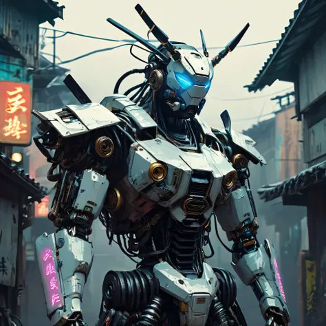 samurai robot , cyberpunk, creepy art, gloomy background