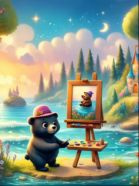 Photos with tilt-shift effect, Selective focus, Miniature effects, Very detailed, bright, View control, Naturally tilted pictures (Whimsical sense of art), charming additional fluffy, Cute little bear wearing a hat, ((He painted a still life on his easel, ...
