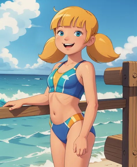 solo, 1girl, penny, blonde hair, twintails, blunt bangs, solo, beach, ocean, sky, sunny, (swimsuit), smile, masterpiece, best qu...