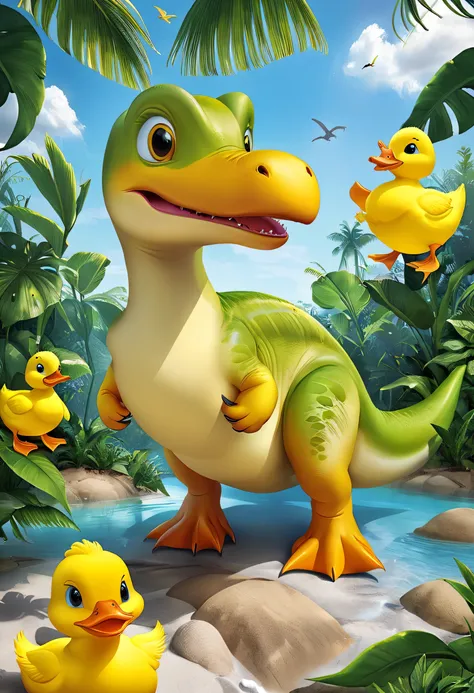 A dinosaur with the head of a yellow duck., Ducknosaurus, T-Rex with a yellow duck head