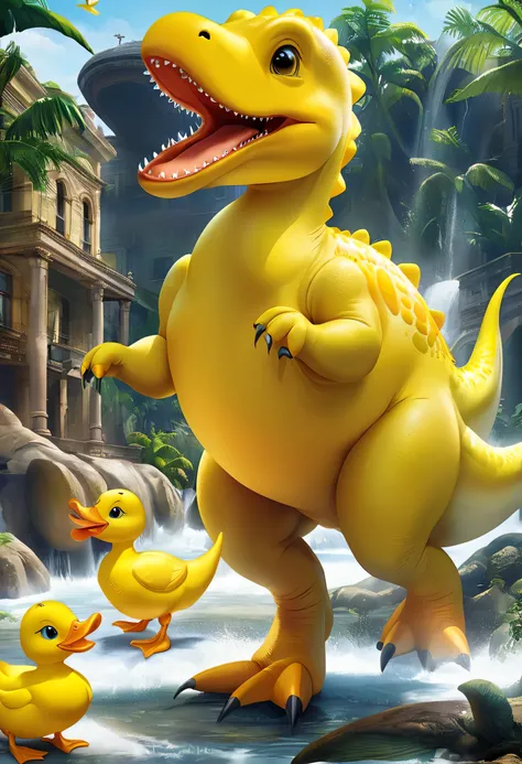 A dinosaur with the head of a yellow duck., Ducknosaurus, T-Rex with a yellow duck head