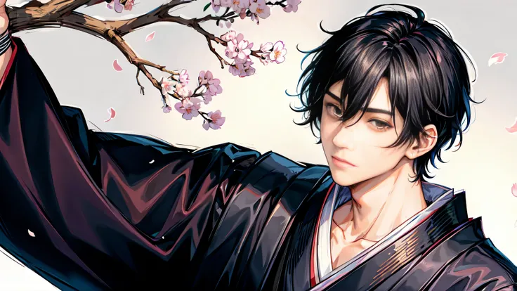 1 boy,black hair,(masterpiece,highest quality:1.4),(sketch:1.2),(Japanese style:1.4),Handsome guy,cherry blossoms,samurai,trendy