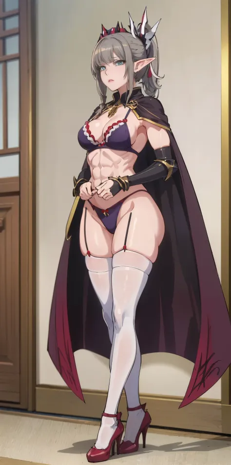 extremely long hair , ponytail, perfect anatomy 1 girl tall solo, slim thick, ((muscular)) high elf toned body, silver breast plate, blue cape, slender abs, hourglass waist, detailed face, defined cheekbones, puffy lips, gauntlets, gold crown, shadow over ...