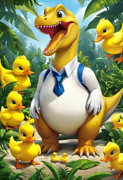 A dinosaur with the head of a yellow duck., Ducknosaurus, T-Rex with a yellow duck head