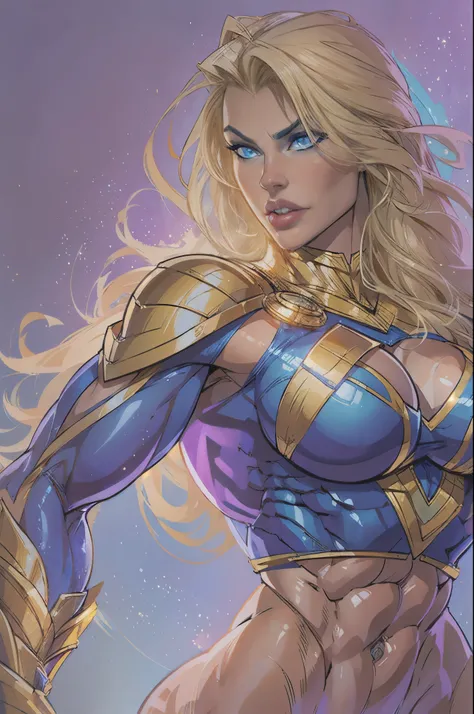 Sexy superheroine long blonde hair glowing blue eyes wears a blue outfit gold shoulder pads gold bracelets revealing abs midriff a Z symbol on her chest portrait photography by artgerm, in the style of realism, glistening skin, natural lighting, Defined fu...