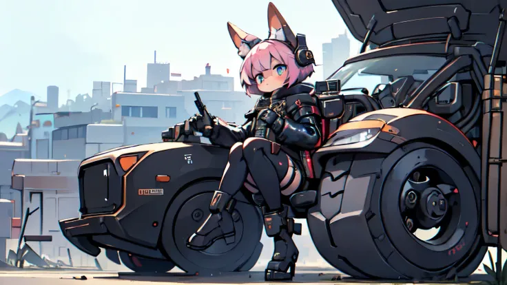 (best quality,4k,8k,highres,masterpiece:1.2),ultra-detailed,(realistic,photorealistic,photo-realistic:1.37),Kawaii, pink striped Fluffy Fox, Pink hair, One Blue Eye, One Red Eye, heterochromia, Solo, body fur, in the Night Ruined city, synthetic tissue ski...