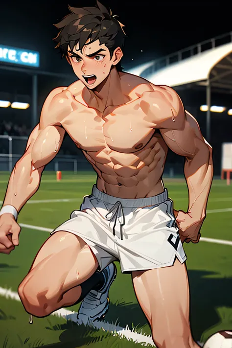 shirtless, super muscular, sweat-drenched body, 22-year old short black hair handsome caucasian male wearing white soccer shorts and shoes, panting, playing soccer on the field, sweating 