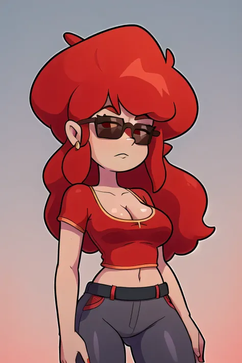 A tall sexy woman with light skin, big chest, wavy red hair, long fluffy red eyes, wearing sunglasses and wearing a ruby red top, wearing a transparent red shirt and her metallic gray pants, wearing a black belt with a big thigh and leg.