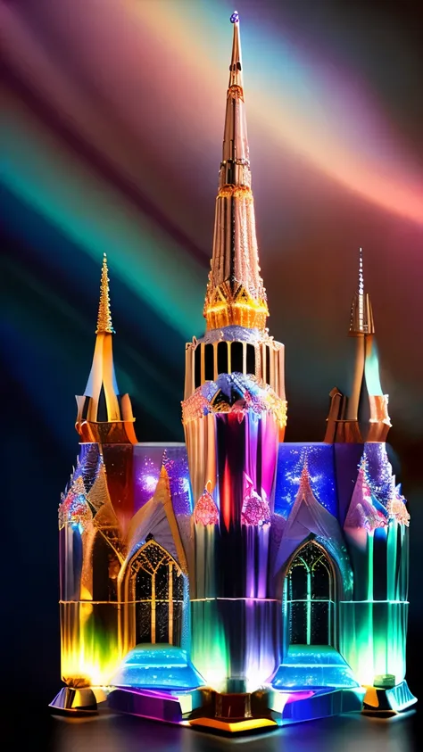 best quality, super fine, 16k, RAW photo, photorealistic, incredibly absurdres, extremely detailed, delicate, flashy and dynamic depiction, mysterious building like the Sagrada Familia made of Triple Excellent Brilliant Cut sparkling colorful translucent g...