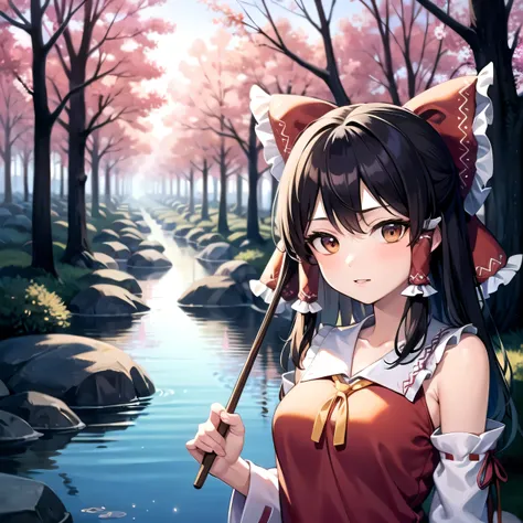 detailed background, masterpiece, best quality, 1girl, hakurei reimu, brown hair, hair tubes, hair ribbon, brown eyes, nontraditional miko, a forest full of purple and white trees, fireflies, water, purple theme, white theme, mystical, magical, black hair