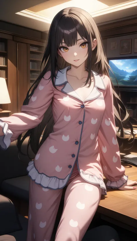 32k, best quality, ultra high res, HDR, UHD, extremely detailed CG, unity 32k wallpaper, Wearing sexy pajamas, graceful, coquettish, study room, sofa, random seductive movements, towards the camera, imaginative, first love