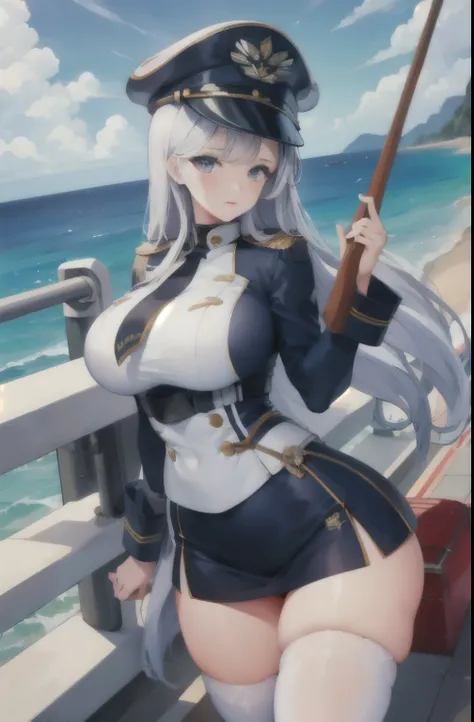 illustratio、(top-quality)、(((​masterpiece)))、(Hi-Res)、Original、(1womanl)、A sexy、Thick、Big body、silber hair,Navy Uniform、Miniskirt,White cap,thighhigh,,(Sea),battleship