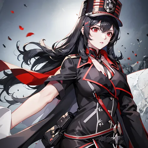 A woman wearing a black military uniform with red details, a military hat, black hair, red eyes, in a military barracks, wearing a cape coat,(just a girl, solo) ultra resolution, very detailed, HDR, masterpiece, 8K hd
