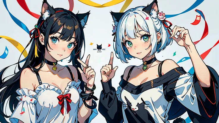 (highest quality, masterpiece, High resolution)、(anime art)、cinematic light、soft light、(two girls)、black hair、Black cat costume、White Cat Costume、Tabby cat costume、Striped cat costume、Persian Cat Costume、3-color cat costume、(loose t-shirt)、loose shirt、off ...