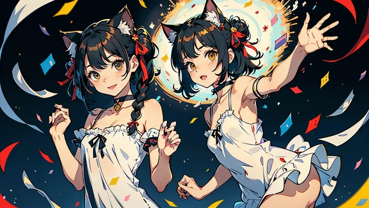 (highest quality, masterpiece, High resolution)、(anime art)、cinematic light、soft light、(two girls)、black hair、Black cat costume、White Cat Costume、Tabby cat costume、Striped cat costume、Persian Cat Costume、3-color cat costume、(loose t-shirt)、loose shirt、off ...