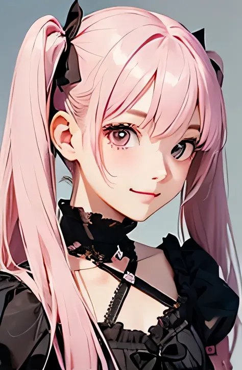 highest quality、realistic、Japanese、girl、zoom、look up、cute、gray eyes、princess cut、long twin tails、pink hair、Gothic Lolita、bust shot、slender、small breasts、smile