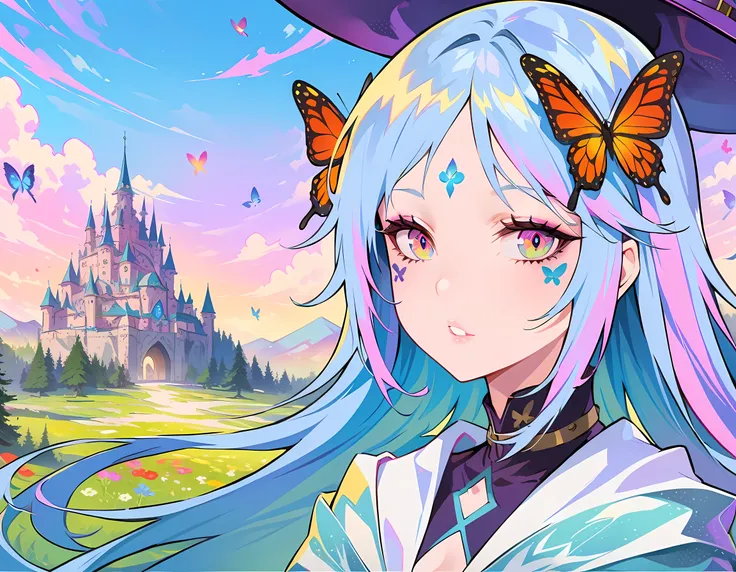 Female witch in the magical fantasy world,Detailed eyes and face,delicate lips,A magical garden full of flowers and butterflies,Floating castle and enchanted forest,mysterious aura,masterpiece:1.2,Super detailed,actual:1.37,fantasy art style,bright colors,...