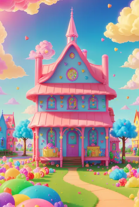 (best quality,4k,8k,highres,masterpiece:1.2),ultra-detailed,illustration,colorful candyland scene,sweet candy house,vibrant candy trees,cotton candy clouds floating,colorful candy rain,joyful children playing,fantastic colors,pastel colors,whimsical atmosp...